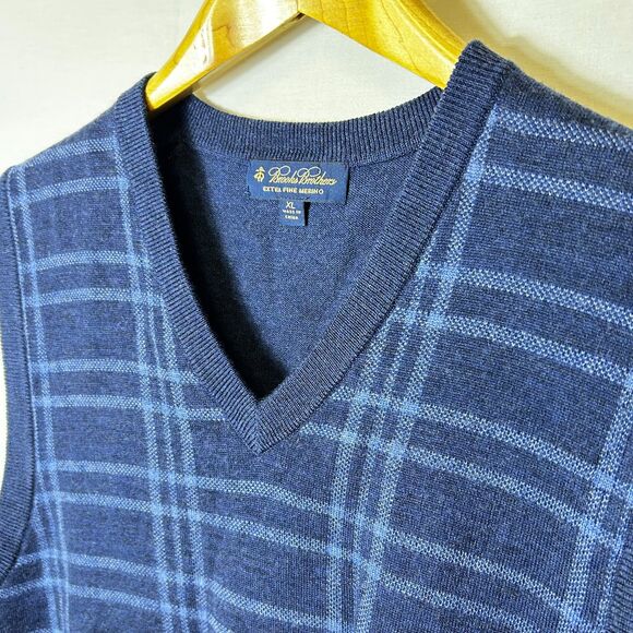 Brooks Brothers Blue Grid Pattern Extra Fine Merino V-Neck Sweater Vest Size XL - Picture 4 of 10